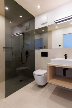 Badezimmer Osaka: Ausschnitt zeigt WC, Dusche und Waschbecken mit schwarzer Armatur.